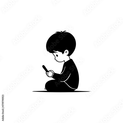 Vector logo of a boy sitting on the ground and using a smartphone, representing modern childhood, screen time issues, and digital dependence.