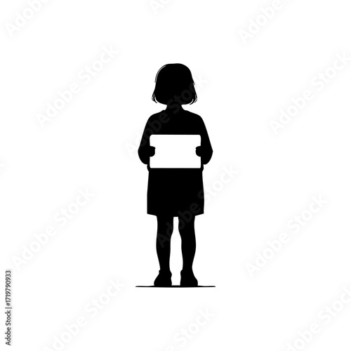 Silhouette vector of a girl holding an oversized tablet, representing child screen dependency, mobile learning, and digital lifestyle.