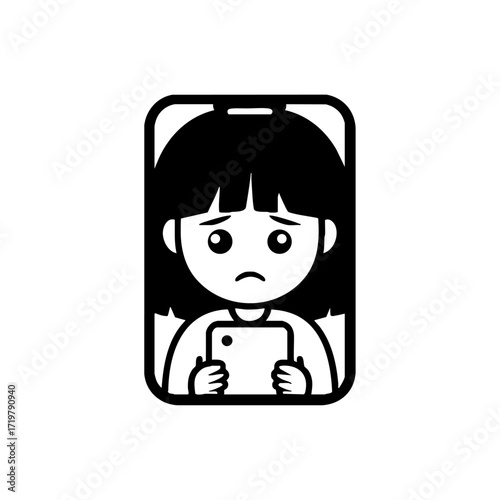 Vector logo of a sad girl inside a smartphone frame holding a device, representing screen overuse, social media pressure, or child isolation.