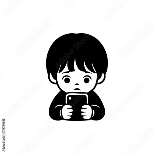 Black and white vector logo of a sad child staring at a smartphone, symbolizing screen addiction and technology overuse.