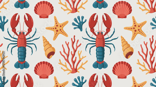 Vibrant ocean life pattern with lobsters, coral, and shells creates a stunning nautical theme perfect for summer designs and coastal inspired projects, elegant and visually appealing