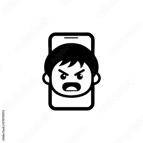 Minimalist vector illustration of an angry child face inside a smartphone screen, representing digital stress and negative effects of technology.