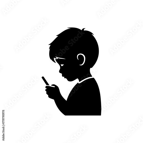 Black silhouette of a boy looking at a smartphone, minimal vector design reflecting screen obsession and technology’s effect on children.