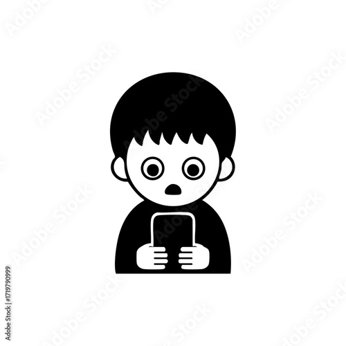 Vector logo of a shocked child holding a smartphone, symbolizing screen time addiction and digital overstimulation.