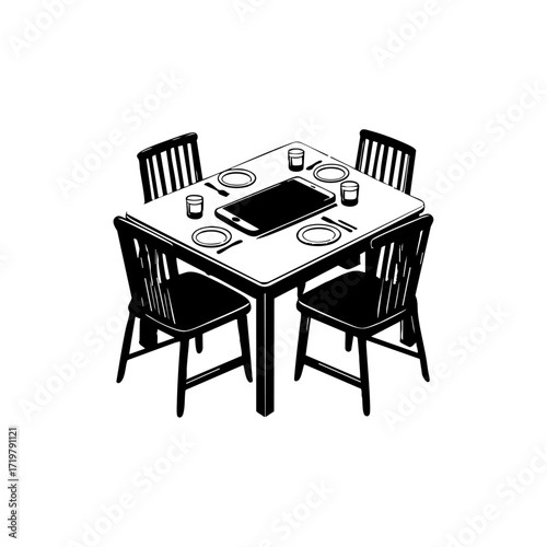 Family dinner table illustration with a giant smartphone in the center, representing technology interrupting family time.
