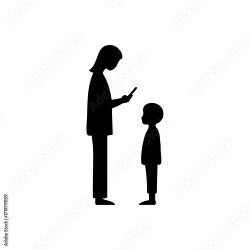 Minimalist vector icon of a mother absorbed in her phone while her child looks on, symbolizing digital distraction in parenting.