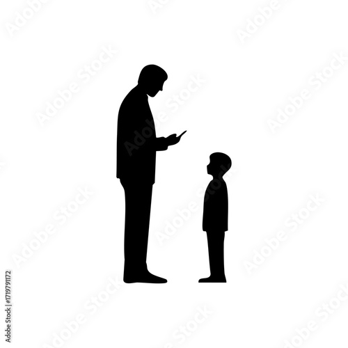 Black and white vector of a father focused on his phone while his child watches, illustrating generational tech dependency.