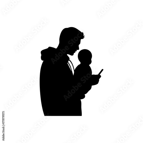 Minimalist silhouette logo of a parent handing a smartphone to a child, symbolizing digital parenting, guidance, and early exposure to screens.