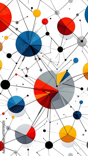 Networked pie charts with connecting lines and nodes showing data visualization