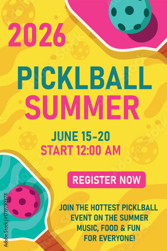 Pickleball Cup 2026. Vector bannerposter for the Summer Pickleball Cup. Bright colors, rackets, balls in a modern style. The design is suitable for sporting events, tournaments, promotional materials