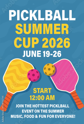 Pickleball Tournament. Vector illustration of a fun, summery pickleball bannerposter. Bright rackets and balls on a blue background. Perfect for sporting events, summer clubs, tournament promotions