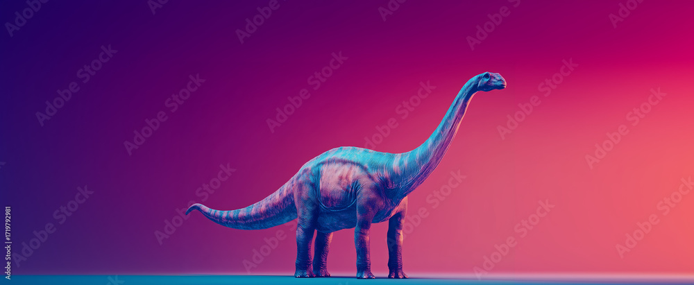 Obraz premium Giant dinosaur stands majestically against a vibrant gradient background showcasing a mix of purple and blue hues during a serene moment in an imaginative landscape