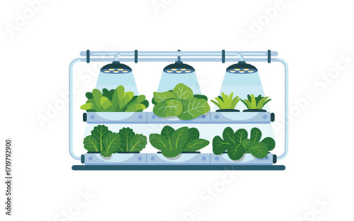 Indoor Vertical Farming System with LED Grow Lights and Assorted Leafy Greens and Herbs, Sustainable Agriculture, Modern Farming Techniques Illustration