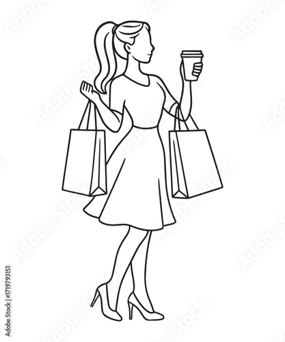 Woman Shopping with Bags and Coffee Outline Vector Illustration.