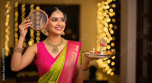 young indian woman performing the Karwa Chauth ritual for her husband