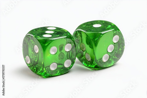 Green Transparent Dice on White Background Reflective Surface