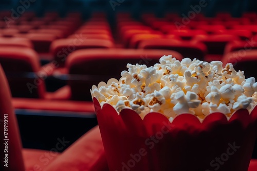 Close-up of a red popcorn bucket filled with buttery popcorn, set against a blurred background of empty red theater seats, evoking a cinematic experience and anticipation