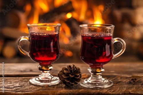Two elegant glass mugs filled with steaming red beverage sit on a rustic wooden table, with a cozy fireplace glowing warmly in the background, creating a festive Christmas atmosphere