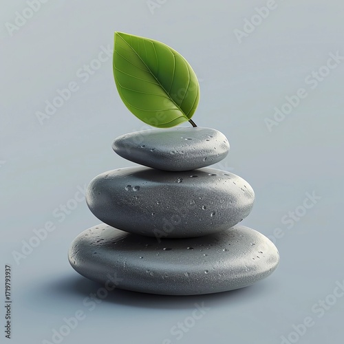 Stacked gray stones with a vibrant green leaf on top, symbolizing balance and tranquility in a serene environment, showcasing natural harmony and wellness concepts