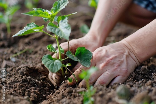 Hands of a gardener planting a young green seedling into rich brown soil, surrounded by lush greenery, showcasing the beauty of nurturing nature and sustainable gardening practices