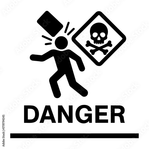 Vector person being hit by falling object with danger sign and skull and crossbones warning
