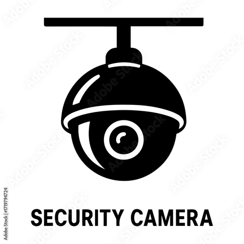 Vector illustration of a black and white security camera with a dome shape and a lens visible