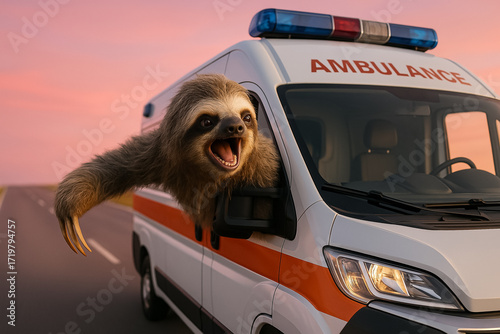Sloth leaning out of ambulance window