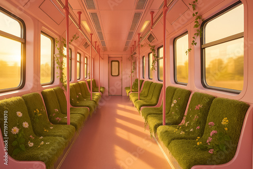 Empty train interior with sunlight