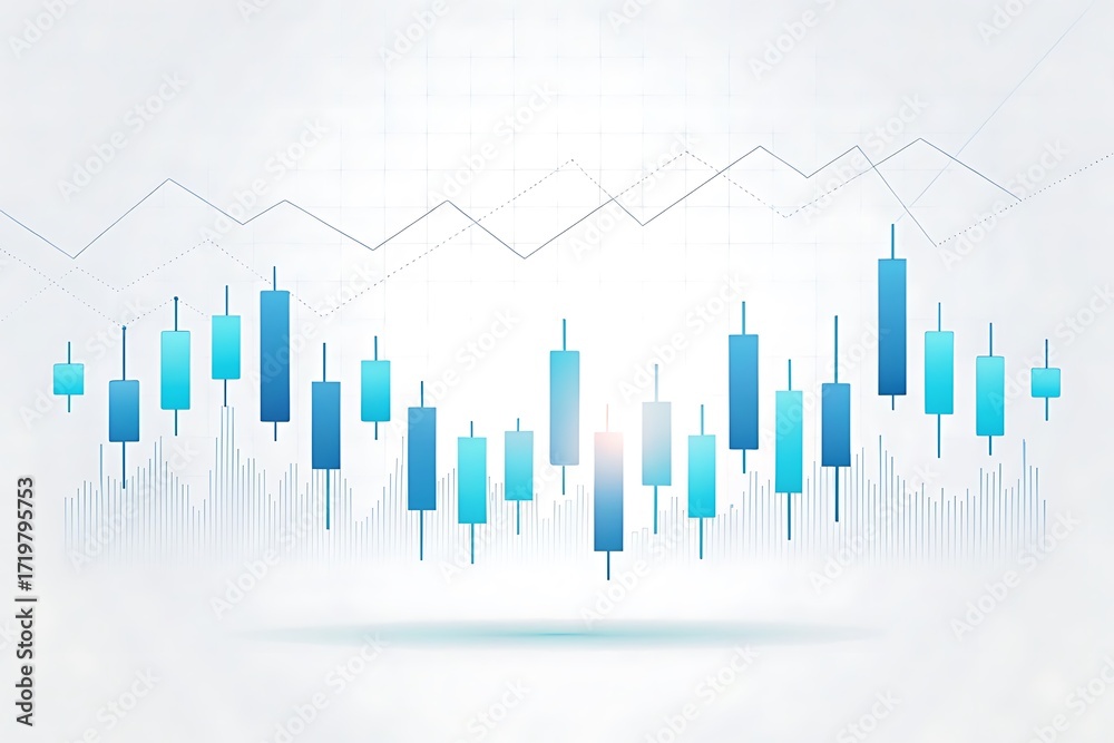 Fototapeta premium Abstract financial chart with blue teal candlestick bars minimalist graphic art