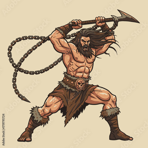 Long-Haired Male Barbarian Vector with Chain Weapon, Dynamic Attack Pose, Textured Muscles