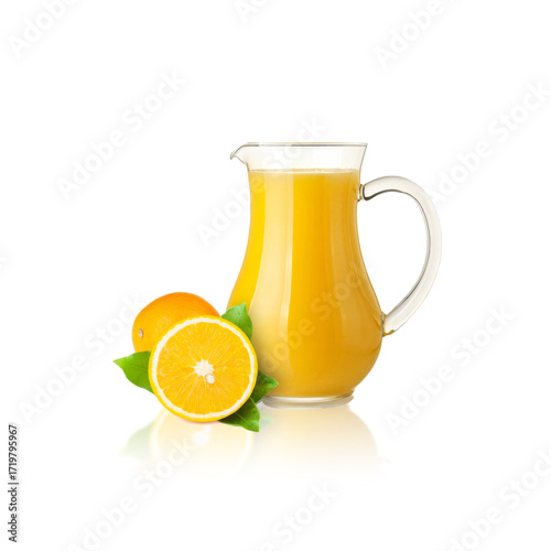 Glass jug of fresh orange juice isolated on white background