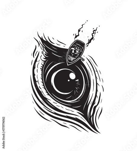 Black and White Illustration of a Boat Rowing Inside an Owl's Eye 