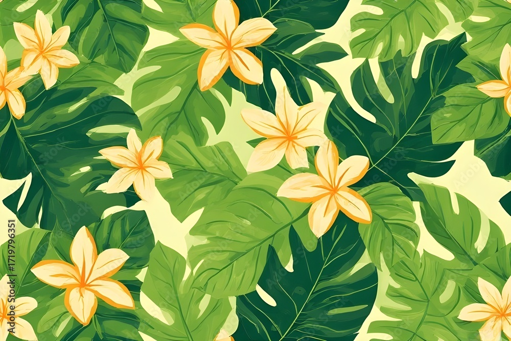Obraz premium Tropical paradise awaits with this vibrant pattern of monstera leaves and frangipani flowers, perfect for summer designs and exotic vibes