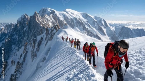 Conquering Heights: A team of climbers ascends a majestic snow-covered mountain range, a testament to human resilience and the allure of adventure in the heart of nature. 