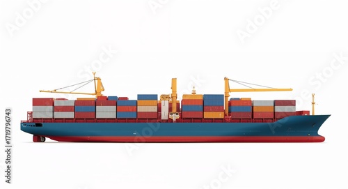 Cargo ship loaded with stacked colorful containers and crane equipment detailed neatly on plain white background