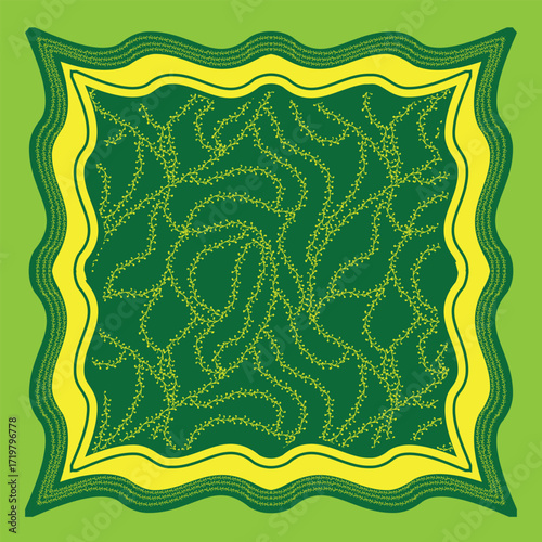 A textured green square scarf print with swirling yellow vine, bordered by wavy yellow edges, set against a lighter green background.

