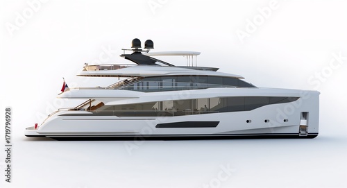 Modern luxury yacht with sleek glass windows and upper deck lounge area floating gracefully on plain white background