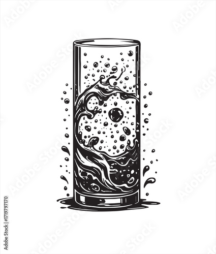 Black and White Illustration of Bubbles and Waves in a Tall Glass 