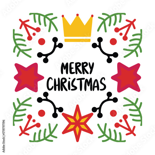Bold script merry christmas text with a regal crown illustration