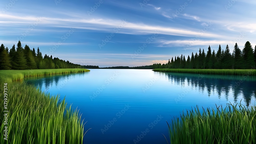 Obraz premium Serene wide angle landscape photograph of a calm lake surrounded by pine forests and grassy shores
