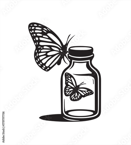 Butterfly on a glass jar with another butterfly inside.