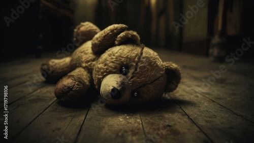 Worn teddy bear on a wooden floor, dimly lit, in an old room