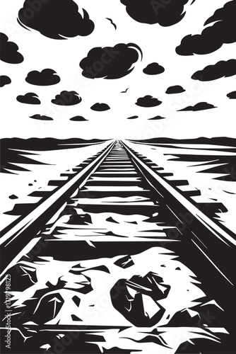 Endless Railroad Tracks Stretching Towards the Horizon Under a Cloudy Sky.