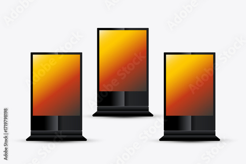 Group of Three High Vector LEDs Mock Up Design. Three LED screens vector with gradien yellow on screen. LED mock up monitor display the presentation