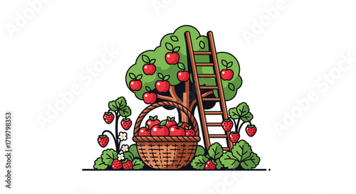 Harvest Time: A cartoon illustration of an apple tree, a basket filled with apples, strawberries and a ladder against a white background.