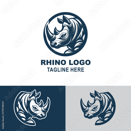 Rhino logo design for a brand, suitable for a company looking for a strong and impactful visual representation with a tagline.