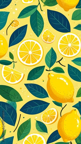 Yellow lemon slices and leaves pattern