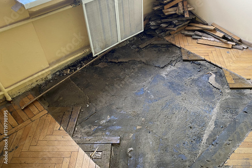 Cuadro en lienzo Close-up of partially removed wooden parquet flooring revealing worn concrete subfloor during indoor renovation and repair work in an old building