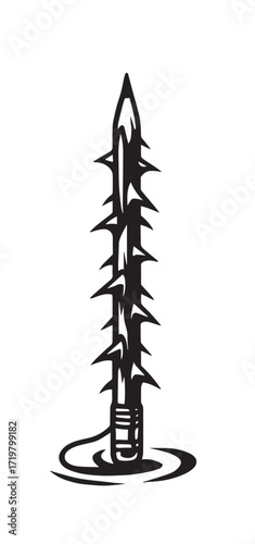 Sharp pencil with thorns stuck in the ground with swirling water.