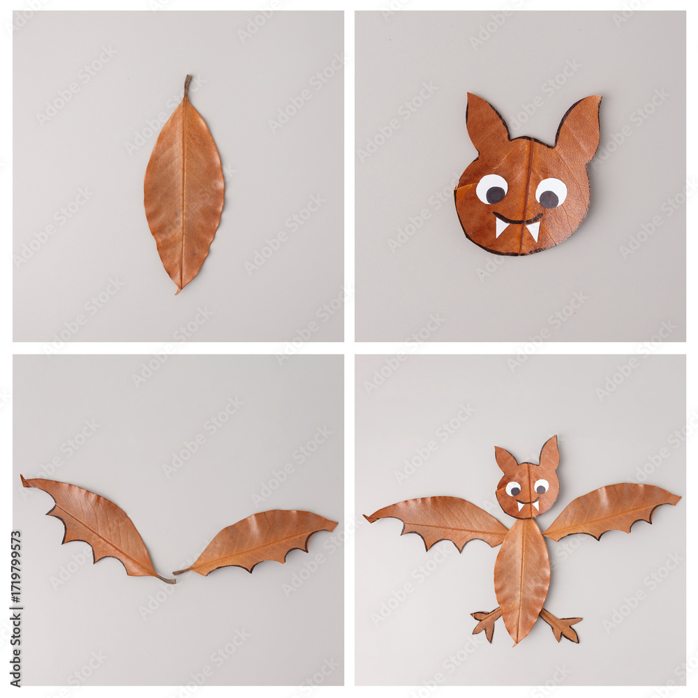 Fototapeta premium Handmade bat from leaves, perfect for DIY blogs, craft stores, eco workshops, educational kits, seasonal content creators, nature-themed product visuals,